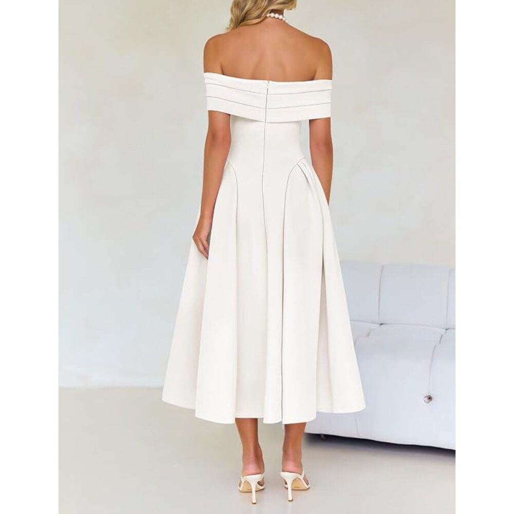 White Off-Shoulder Flowy A-Line Midi Dress - Picture 2 of 5